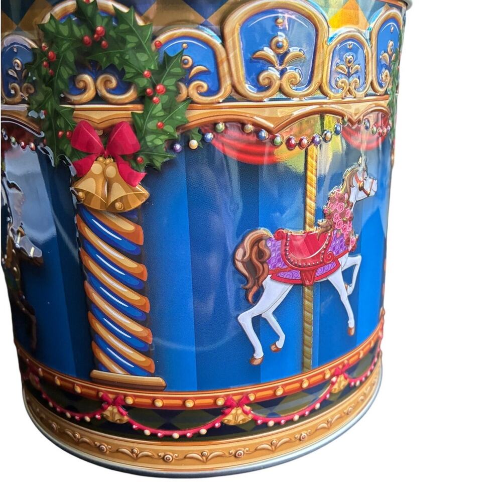 Vintage Harry London Christmas Carousel Horse Tin Blue Embossed Holiday 6”